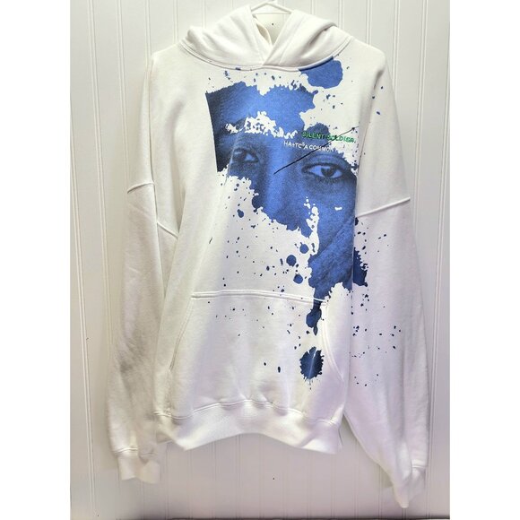Haider Ackermann "Silent Soldier" White Hoodie With Abstract Blue Face Print & A - Picture 1 of 11